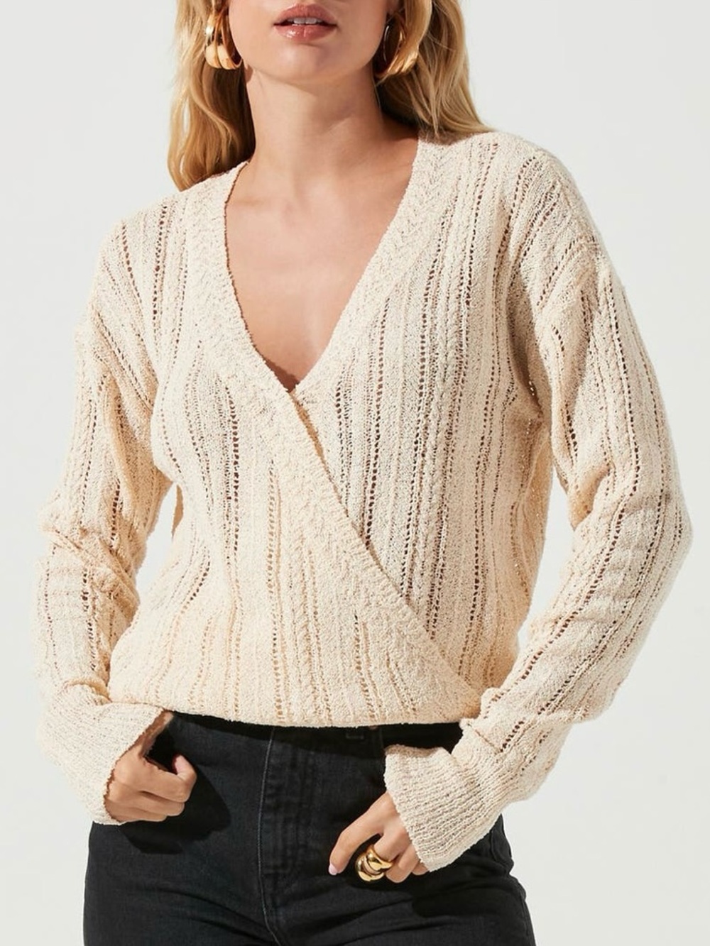 Astr Label Wrap Sweater Knit Pointelle Long Sleeves V-Neck Stretch Ivory